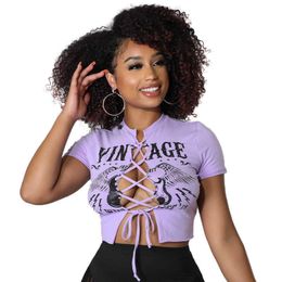 Designer novo verão feminino manga curta camiseta topo verão moda feminina bandagem impresso roupas blusas t camisa