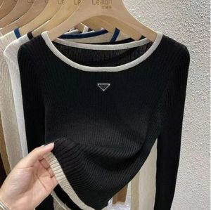 Diseñador nuevo suéter de mujer tejido otoño cuello redondo manga larga color de moda contraste con blusa de estilo casual señoras