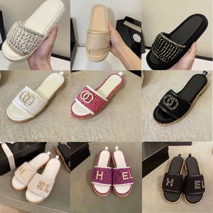 Designer Nieuwe Vrouwen Tweed Leer Stro Geweven Slides Sandalen Voor Vrouw Slip Op Wedge Flats Mode Strand Muilezel Merk Flip Flops Casual Slides Schoenen Platform Chain Slide