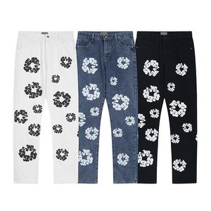 Designer New Womens Mens Denims Fleur Fleur Pantalon imprimé Pantalon Fashion Brand Streetwear Straitement hommes Femmes Déchirure Jeans Pantalon