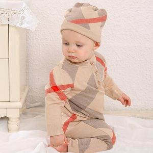 Designer pasgeboren kleding herfst winter warme wol gebreide bodysuit baby jongens jumpsuit peuter baby rompers hoed 2 stks