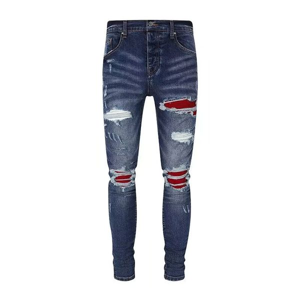 Designer Vieux Pantalon Bleu Foncé Trou Breaking Patch Micro Élastique Slim Fit Jeans Pour Hommes Amiryes Jeunesse Usa Plus Taille