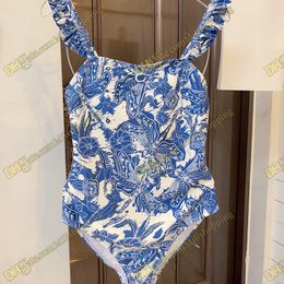 Designer One Piece Bikini Blue Flower Print Maillots de bain Piscine Beach Wear