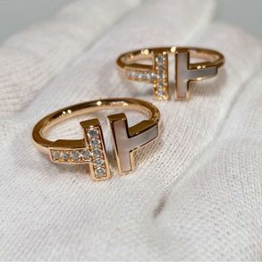 Ontwerper Originele tiffays dubbele T-ring 925 Sterling verzilverd 18k goud open wit fritillary halve diamant T-vormig met