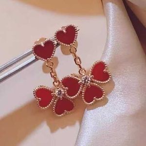Ontwerper Originele Van Love Earrings 925 Sterling Silver Flower Vergeteld met 18k gouden vier Red Chalcedony Heart Pendant sieraden