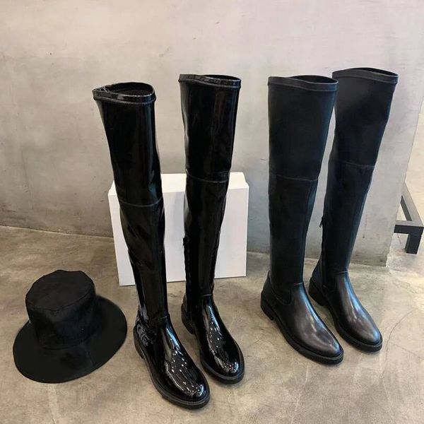 Designer sur les bottes au genou bout rond plat chaussures en cuir noir Premium automne hiver côté fermeture éclair dames botte PU marque moto bottes en cuir 36-40