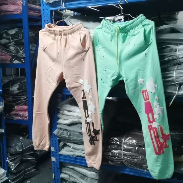 Pantalón de diseñador Pantalones para hombre Sp5der55555 Spider Web Foam Mint Green Bellini Coral Peach Loop Pantalones para hombre y mujer