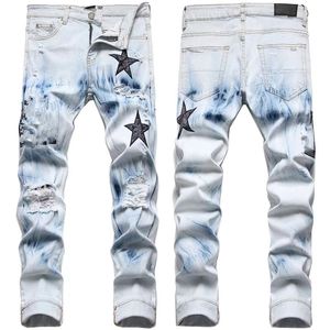 Designer broek mannen jeans heren merk jeans designer jeans magere rechte motorfiets trendy lange heren jeans Europese Jean Hombre Letter Star Trend Motorcycle pant