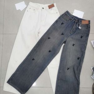 Designer broek gevoerde verdikte jeans vrouwen geprinte geborduurde denim broek winter casual slanke dames denim broek
