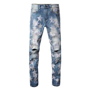 Designer patchwork jeans voor heren gestapelde jeans denim tranen lange jeans verontruste gescheurde biker magere broek blauw paars heren ben merk gewassen oude slanke versnipperde jeans