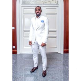 Designer Peak White Pure Pieces Two Mens Rapel Bruidy Tuxedos voor bruiloften Beste man Suits Custom Made (jas+ broek)