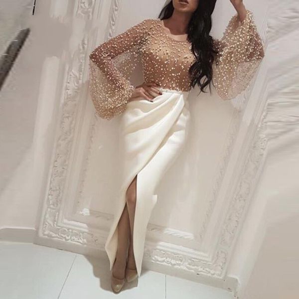 Designer Perles Champagne Blanc Robes De Soirée Formelles 2020 Juliette À Manches Longues Bijou Avant Fente Plissée Drapée Cocktail Robe De Soirée De Bal