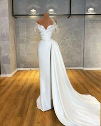 Designer Pearls Avondjurken Sexy Side Split off Shoulder Sweep Train Satin Long Prom Jurken Receptie Feestjurk Robe de Mariée