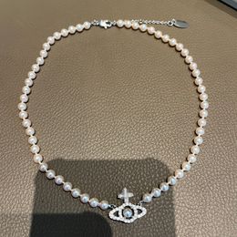 Colliers pendentifs de créateurs Lady pleins de diamants creux de perle de saturne 5 mm chaîne de perles autrichiens