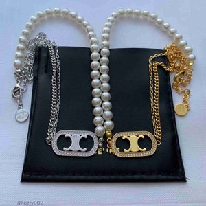 Colliers pendentif de créateur collier de perles en gros marque de luxe Double chaîne de lettres plaquée Crysatl Rhineston 6VU3