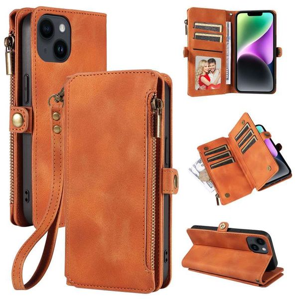 Étui de téléphone de concepteur Flip Zipper Sac portefeuille iPhone Case en cuir en cuir Brow