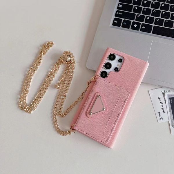 Étui de téléphone de designer pour Apple iPhone 15 Pro Max 14 Samsung Galaxy S24 Note 20 Ultra Luxury PU Golden Chains Crossbody Carte Pocket Holder Portefeuille Bump Bump Back Cover Pink