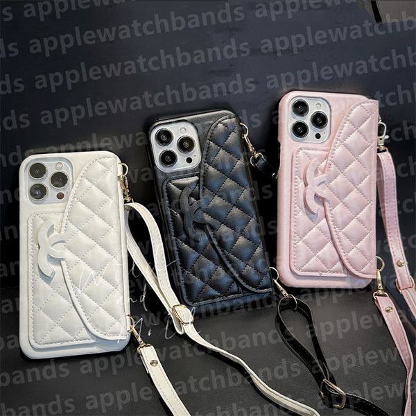 Étui de téléphone de luxe à bandoulière pour iPhone, pour iPhone 15 14 13 12 11 Pro Max 14ProMax 13ProMax, mode Double C portefeuille porte-cartes en cuir avec lanière