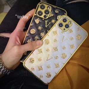 Coques de téléphone design pour IPhone 14 Pro Max 13P 12 11 XR Etui de fleurs dorées de luxe Rétro en cuir givré Phonecase Coque de protection antichoc