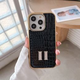 Fundas de teléfono de diseñador para iPhone 15 Pro Max 14 13 12 11 Funda iPhone15 15ProMax 14 14Pro Funda de cuero de lujo con diamantes Moda HH Patrón de cocodrilo Protección Shell