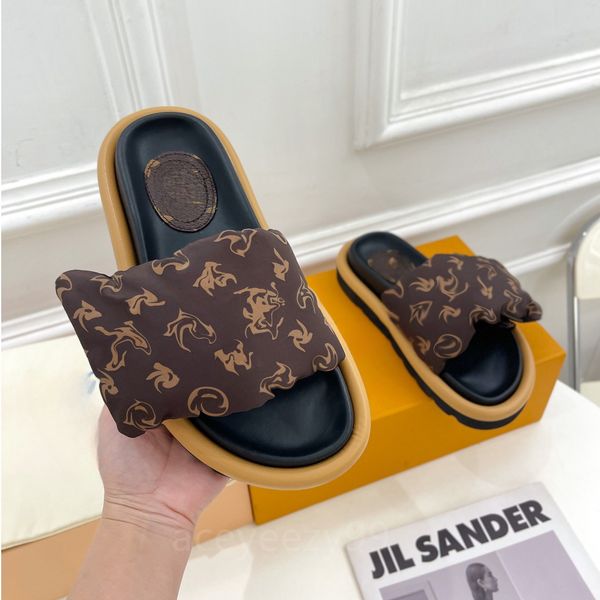 Diseñador Almohada Zapatilla Piscina Línea de almohada Mula Diapositivas Tela de algodón Paja Zapatillas casuales Verano Plano Comodidad Mulas Zapato con correa delantera con bolsa para el polvo