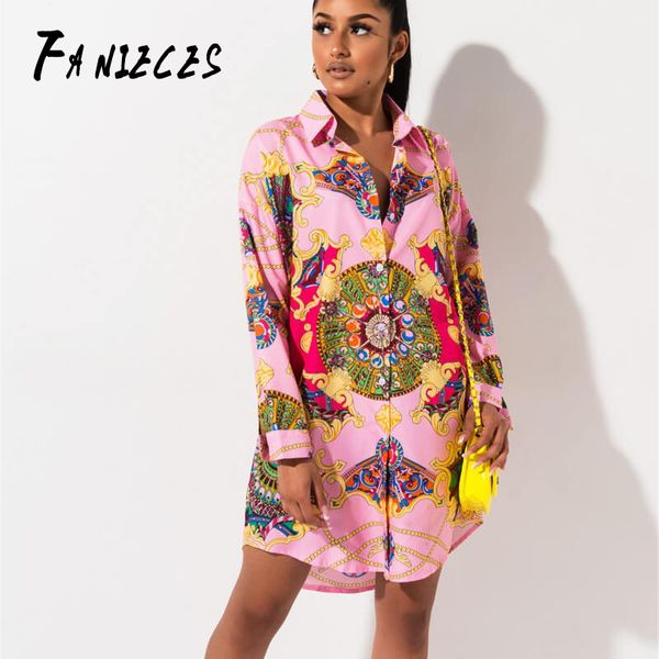 Diseñador Rosa estampado barroco Vestidos Runway Alta calidad verano Casual Shirt Dress Mujeres Vestidos Robe Femme dropshopping 210520