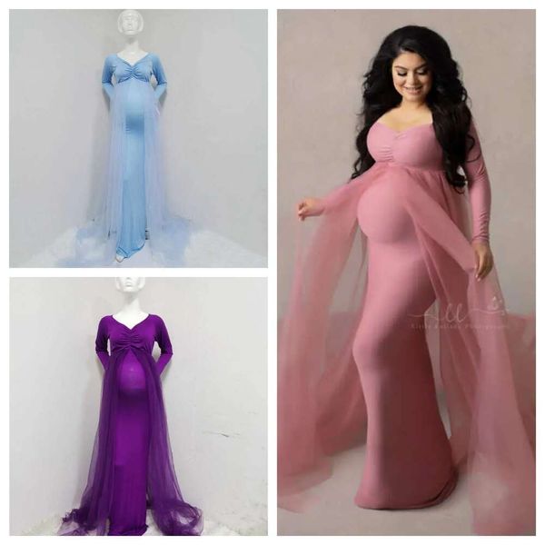 Diseñador Vestidos de maternidad de color rosa Mamá Accesorios de fotografía Vestido largo sin hombros para mujeres embarazadas Vestido largo Baby Showers Disparar comfortale