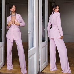 Designer Pink Mother of the Bride Pant Suits Formal Office Lady Blazer Wear Prom Party Business Outfits met riem 2 stuks