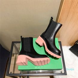 Designer- PINK Sole Boot Fashion Luxury Tire Leathaer Botines Mujeres Plataforma Chunky Shoes Lady Knight High-boot tamaño 35-40