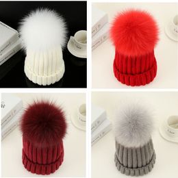 Designer Plain Rib Mutsen met verwijderbare echte vossenbont pom bal gebreide acryl winter warmer hoeden 3 maten voor baby kinderen volwassenen slouchy heren dames kinderen sneeuw cap