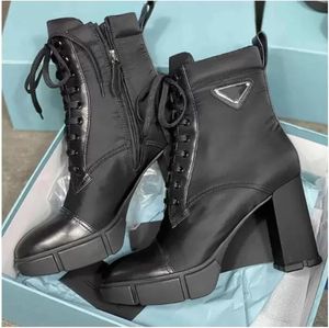 Designer Plaque Boots Lace Up Ankle Boot 9,5 cm vrouwen Zwart Leather Combat Boots High Heel Winter Boot Top Kwaliteit met Box NO2565