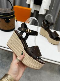 Sandales compensées à plateforme de styliste, pantoufles d'été pour femmes, Espadrilles en cuir de veau, chaussures en paille et en lin