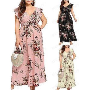 Designer plus robes de taille pour les femmes Sumy Sexy V-Neck Print Floral Imprimé Boho Beach Robe Ruffle Sans manches A-Line Femme Long Maxi Robe