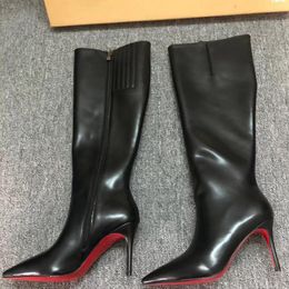 Bottes pointues de styliste à talons hauts, bas rouges brillants, talons fins 8cm 10cm 12cm, botte en cuir noir, talon haut élancé, mode automne hiver, nouvelles bottes courtes 35-42