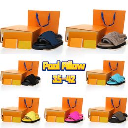 Sandalias de almohada de piscina de diseñador para hombres, mujeres, zapatillas de pareja de verano, pisos con estampado de lona de verano, suela de goma, sandalias deslizantes de playa de moda con zapatillas de caja Tamaño 35-42