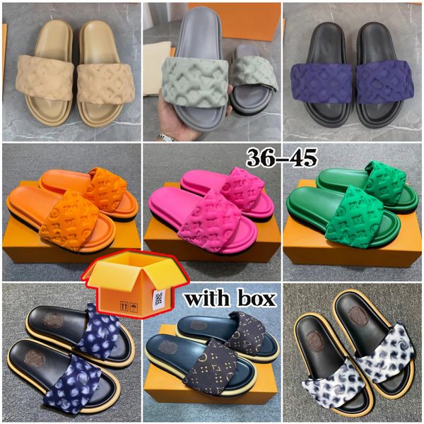 Avec Box Designer Pool Pillow Slides Sandales Couples Pantoufles Hommes Femmes Louisely Sandales Chaussures Plates D'été Viutonly Vittonly Beach Slippes Slide Chaussures De Luxe