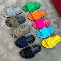 Designer pool glijdt sandalen mode mannen vrouwen zomer plat comfort muilezels zonsondergang front gevotte strand slippers luxe schuifregelaars met logo maat 35-44