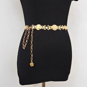 Cinturones de cadena con retrato de diseñador para mujer, cinturones Vintage con cadena de cobre dorado y flores, cinturón de lujo con hebilla de aguja, cinturón ajustable