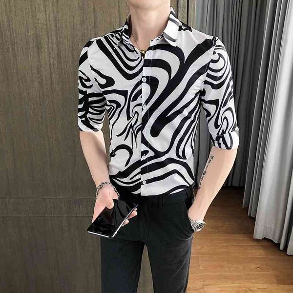 Diseñador impreso camisa de los hombres estilo coreano delgado social camisa de manga corta streetwear ropa masculina club nocturno fiesta barbero blusa 210527