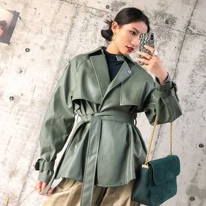 Designer PU lederen jas vrouwen faux riem jas casual vrouwelijke straatkleding uitloper jassen van hoge kwaliteit 210608