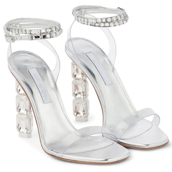 Bombas de diseñador Sandalia de mujer Cristal brillante Rhinestone con incrustaciones de cinta Zapatos de tacón alto Vestido transparente Fiesta Cena Zapato Moda de verano Sandalias blancas