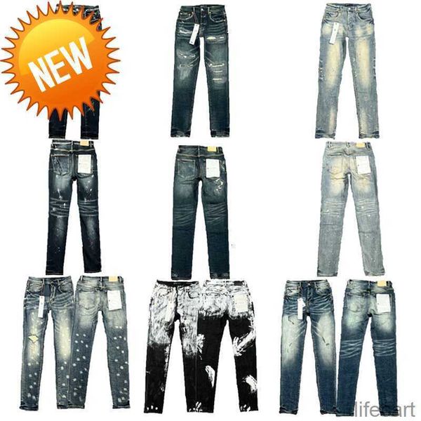 Diseñador Jeans morados Marca Moda para hombre Jean Motocicleta desgastada Biker Rock Flaco Slim Ripped Hole Carta Calidad superior Hip Hop Pantalones de mezclilla 17k6 HP