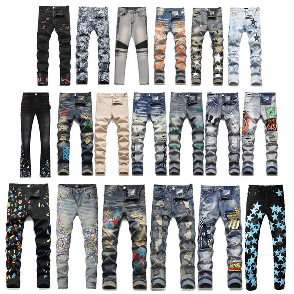 Jeans morados de diseñador para hombres Jeans apilados Hombres Denim Tears Jeans desgastados Biker rasgados Negro Azul Hombres Slim Pencil Am Jeans Slim Fit Motocicleta Hip Hop Tamaño-28-40