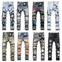 Designer Paarse Jeans Herenbroek Linnen Broek Hip Hop Herenbroek Geperforeerde Split Bike Slim Fit Motorjeans