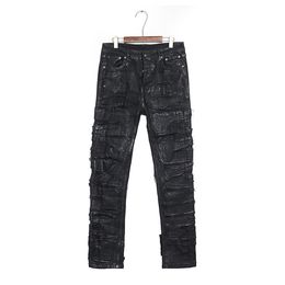 Ontwerper R O Dark Ripped Distressed Street Skinny Trendy zwarte jeans-denimbroek