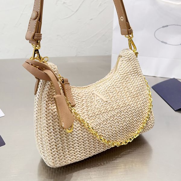 Designer Femmes Raphia Straw Hobos Weave Sac à bandoulière Italie Milano Marque de luxe P Broderie Logo Underarm Sacs Lady Chain Strap Hobo Sac à main