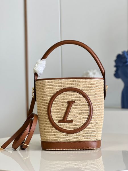 Diseñador Rafia Grass Woven Bag PET BUCKET Bolso Circular Logo Summer Beach Shopping Bag Bucket Bag M59962 Bolso bandolera de un hombro