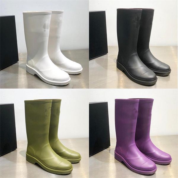 Bottes de pluie designer orteils carrés Femmes Boots de pluie épaisses Sole la cheville imperméable Boot de mode Boot en caoutchouc Green Blanc Black Bottises