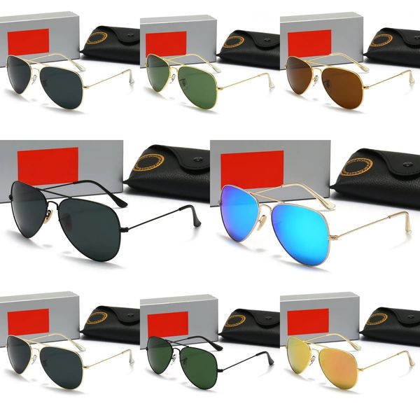 Diseñador Ray Hombres Mujeres Lentes de vidrio Gafas de sol Adumbral Goggle UV400 Gafas Gafas de marca clásica 3025 Gafas de sol masculinas Rayos Prohibiciones Marco de metal 26