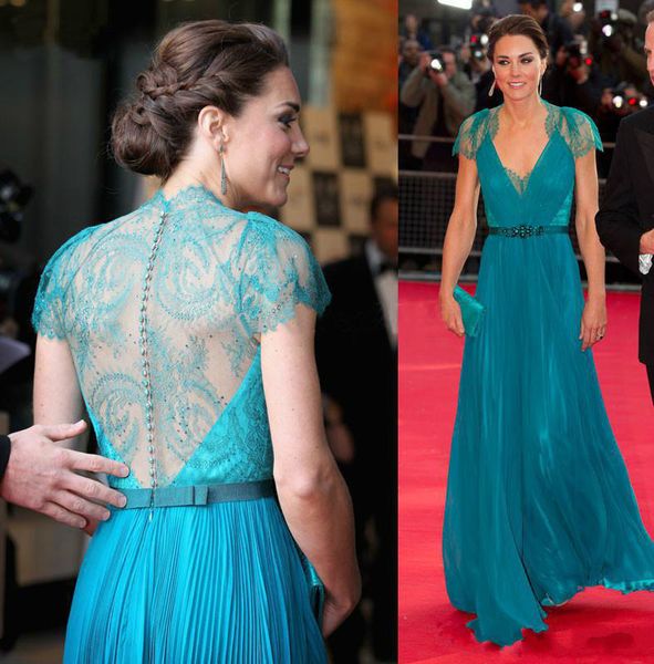 Diseñador Alfombra roja Celebridad Kate Middleton Vestidos Vestido de noche de graduación de gasa de encaje azul Sexy Ver aunque atrás Ocasión especial Vestidos formales